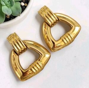 Gold Tone Geometric Door Knocker Post Earrings Bold Retro Statement 90s Style
